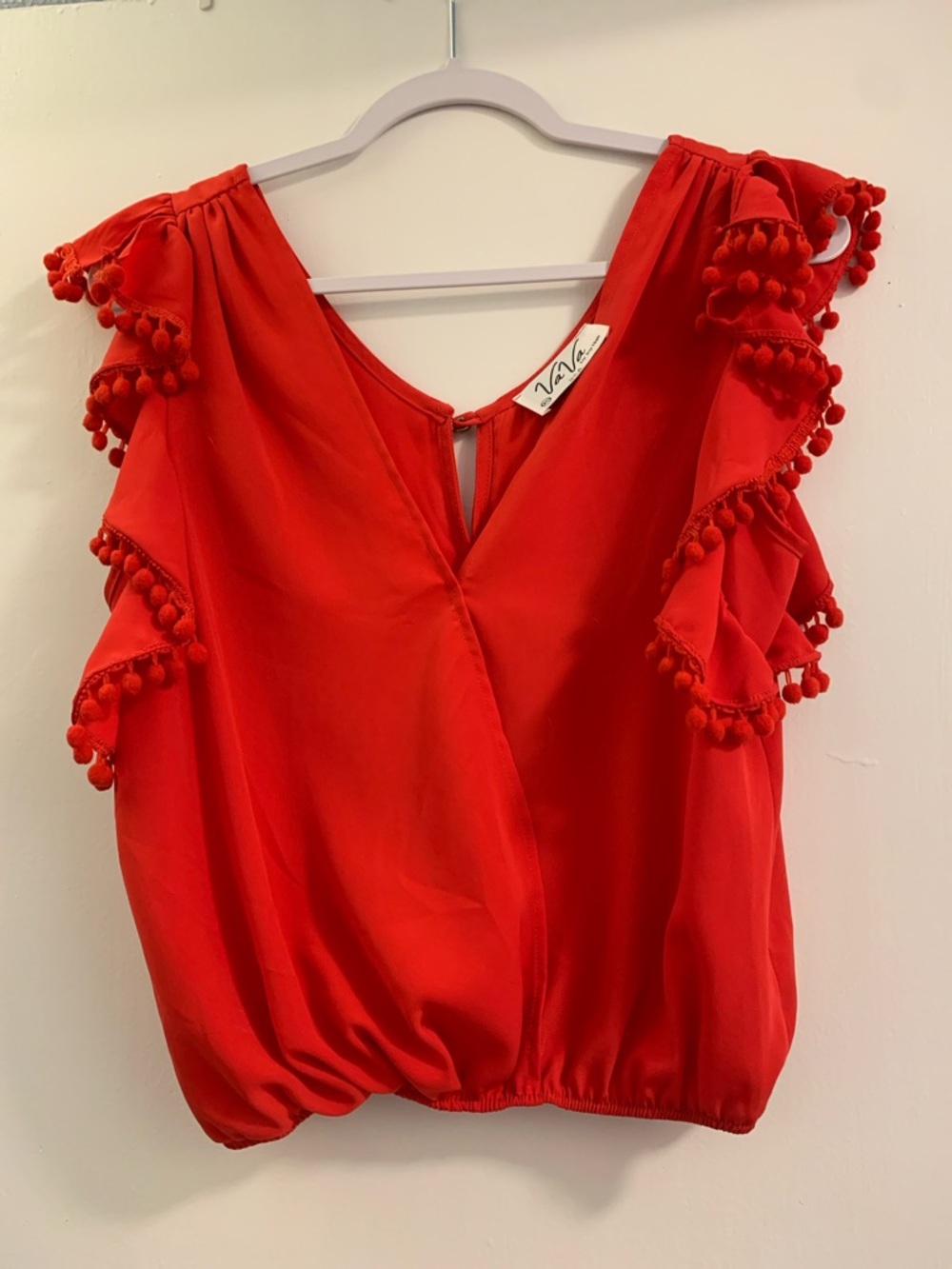 Vava by Joy Han Red Pom-Pom Ruffle V-Neck Top